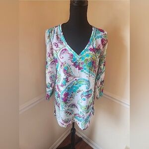 Tommy Bahama Cover-Up Tunic Mini V-Neck Chiffon Paisley 3/4 Sleeve Size XS